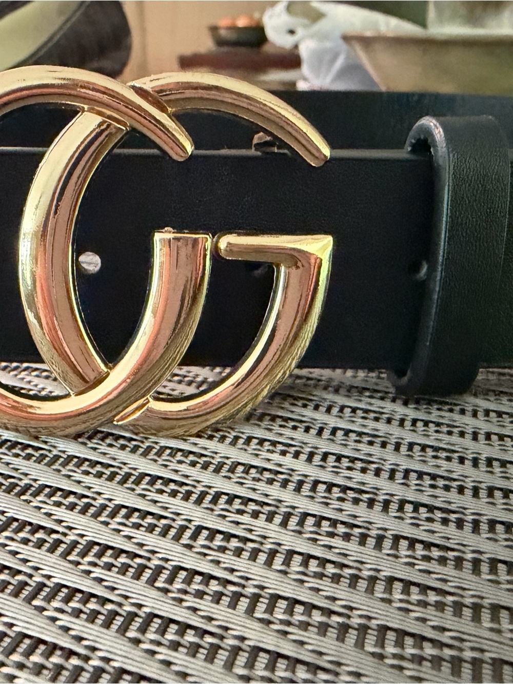 Gucci Black and Green Leather Belt with Gold Double G Buckle - Picture 3 of 5